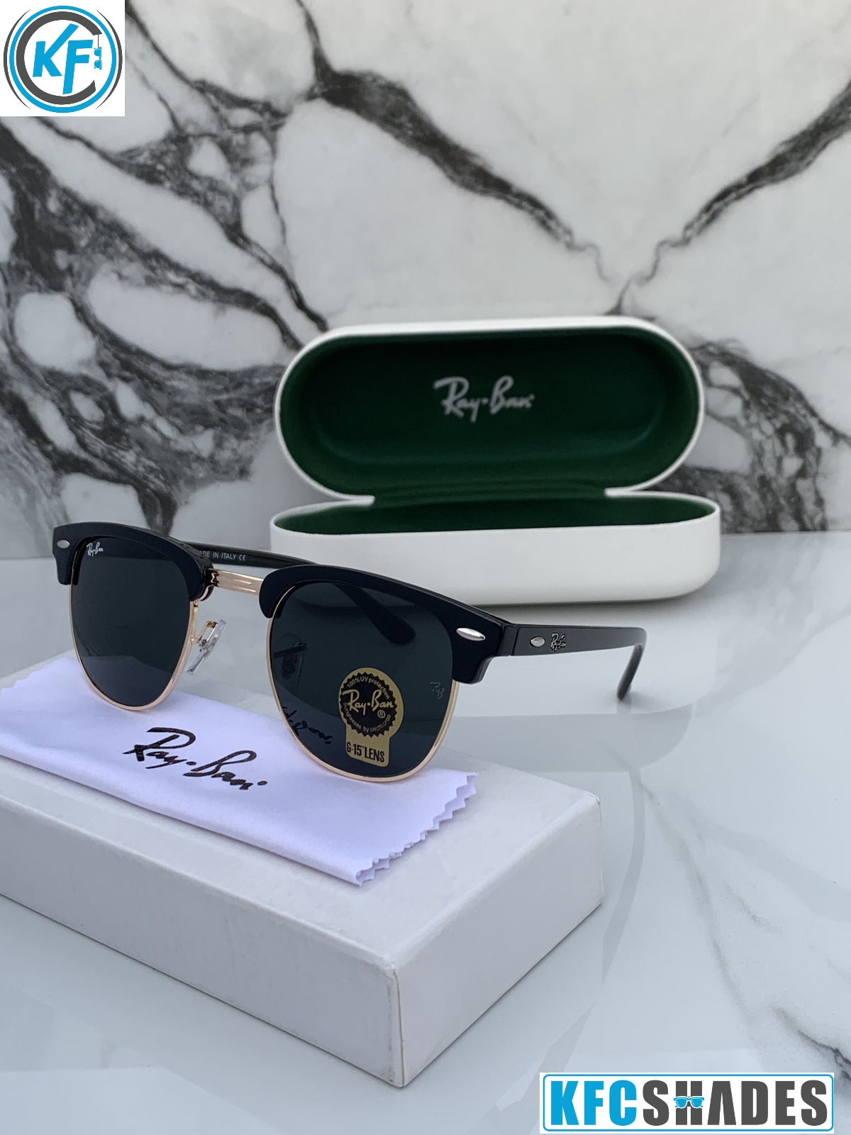 RB 3016 GOLD BLACK GLASS LENS CLUBMASTER UV-400 SUNGLASSES